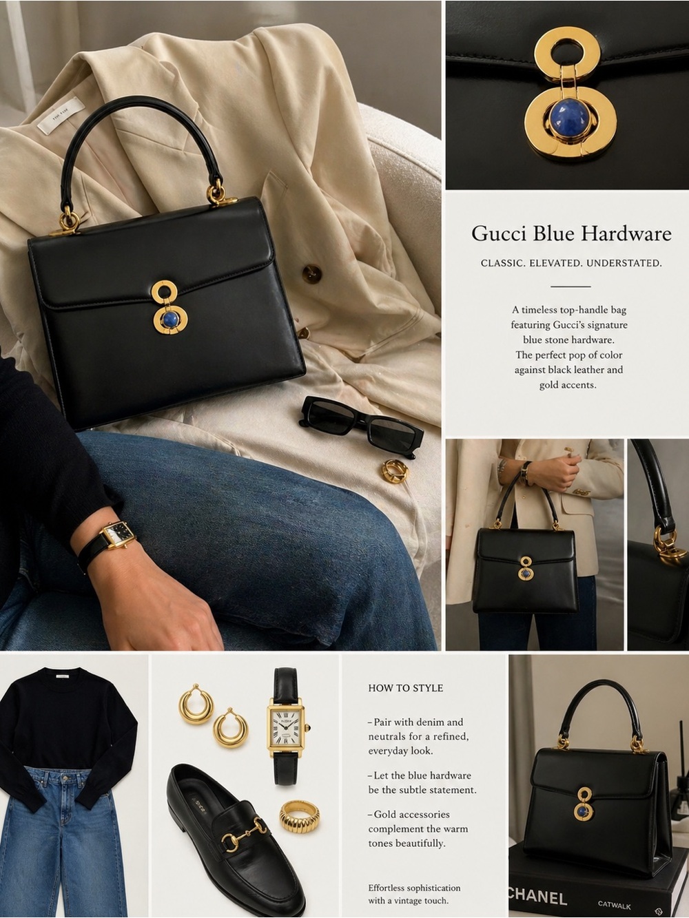 Vintage Gucci Black Leather Satchel with Gold & Lapis Lazuli Accent - Picture 2 of 7